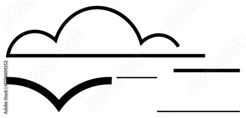 Cloud outline with flowing wind-thumbs up lines and minimalist bird shape creates a sense of nature, motion, and simplicity. Ideal for weather, freedom, environment, calm, travel, flight abstract