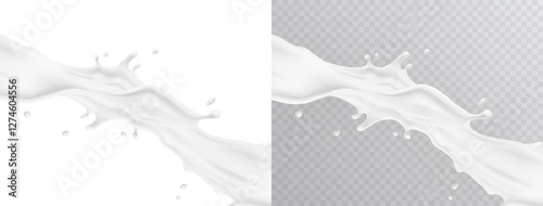 Milk splash pattern. 3d realistic yogurt wave borders on white and transparent backgrounds. Vector milky flow package design
