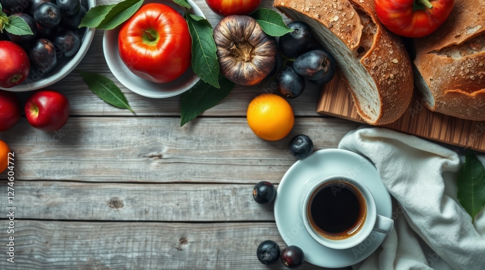 Rustic Breakfast Table with Fruit Bread and Coffee Rustic Breakfast Table with Fruit Bread and Coffee