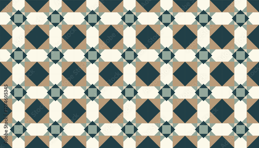 Repetitive geometric pattern with square and diamond shaped elements. The combination of dark green, cream and brown, creates a classic and harmonious look Repetitive geometric pattern with square and diamond shaped elements. The combination of dark green, cream and brown, creates a classic and harmonious look