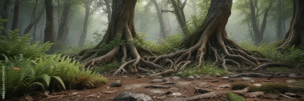 Tree roots growing underfoot in a forested landscape with ferns and wildflowers, wildlife, forest floor Tree roots growing underfoot in a forested landscape with ferns and wildflowers, wildlife, forest floor