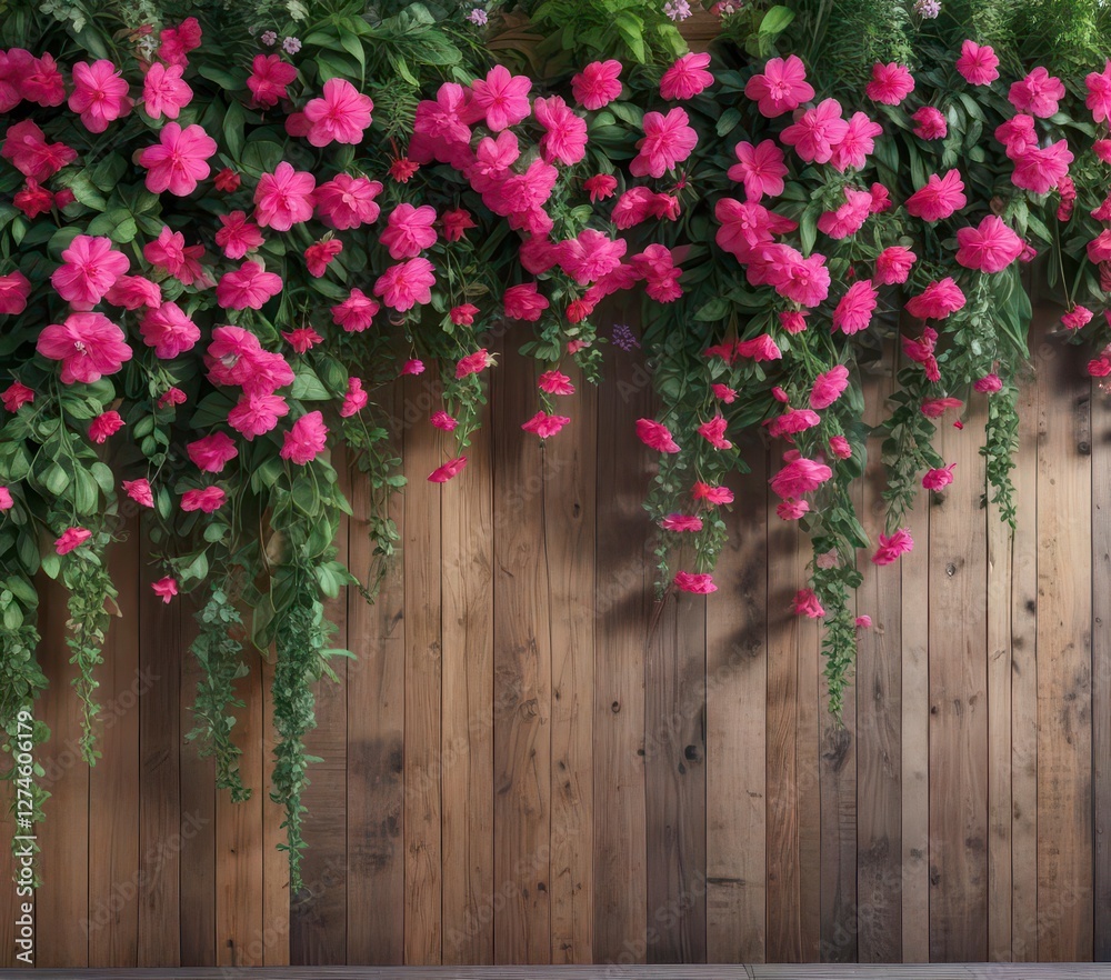 Fototapeta premium Vibrant pink floral banner with lush greenery and intricate flowers draped across a rustic wooden wall, banner, home decor