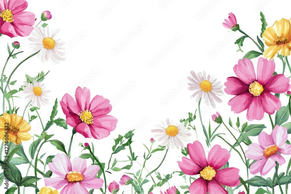 A collection of summer flowers patterned in a creative layout, including daisies and other blooms, isolated on white for a vibrant floral frame. A collection of summer flowers patterned in a creative layout, including daisies and other blooms, isolated on white for a vibrant floral frame.