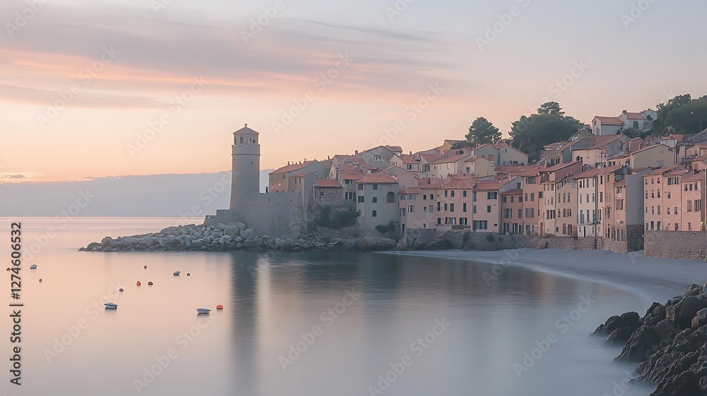 Fototapeta premium Coastal Town at Sunrise with a Tower