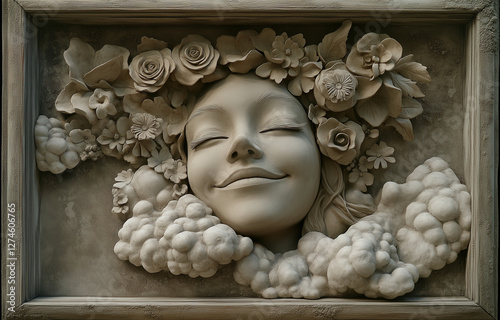 Scultura. Rilevo di faccia sorridente. photo