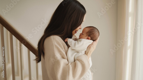 A photo of the young brunette woman holding her newborn baby