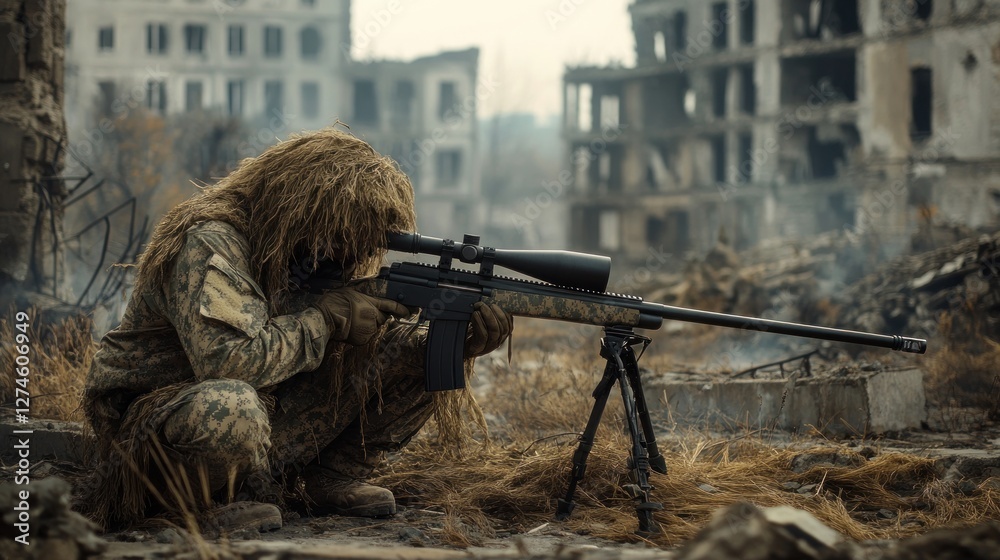 Fototapeta premium Sniper in Ruins: A Military Photography