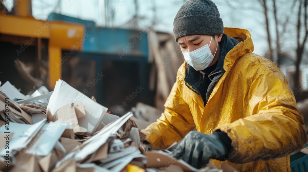 Recycling Worker Sorting Through Waste in a Recycling Facility Recycling Worker Sorting Through Waste in a Recycling Facility