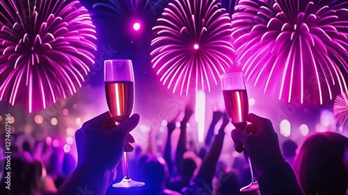 fireworks over urban sky with crowd silhouettes seen from behind; concept of new year eve, festive celebrating july 4th, adult party footage with 2 champaign glasses raised up