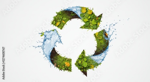 Eco-Friendly Recycling Symbol with Water, Soil, and Green Leaves for Sustainability Concept

