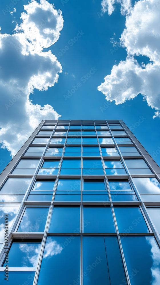 Low angle view of a modern glass skyscraper reflecting white clouds on a beautiful blue sky on a sunny day Low angle view of a modern glass skyscraper reflecting white clouds on a beautiful blue sky on a sunny day