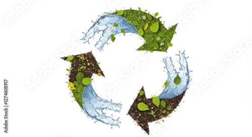 Eco-Friendly Recycling Symbol with Water, Soil, and Green Leaves for Sustainability Concept

