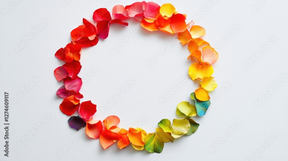 Obraz premium A minimalistic circular Rangoli design crafted from vibrant flower petals sits on a plain white background offering a beautiful canvas with ample copy space for creative text placement