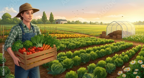 Organic Farmer Harvesting Fresh Vegetables in a Sustainable Farm at Sunset