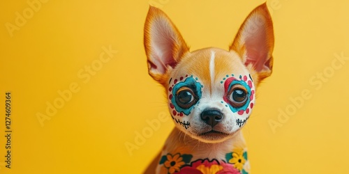 A cute realistic puppy features vibrant sugar skull face paint in celebration of Dia de los Muertos surrounded by festive decorations and colorful elements. Perfect for capturing the holiday spirit
