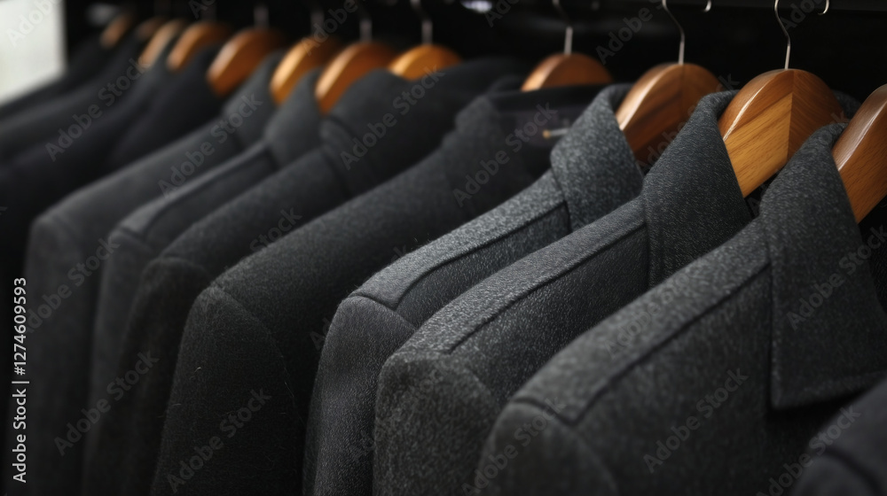 Obraz premium Trajes grises de hombre en perchas de madera en un armario