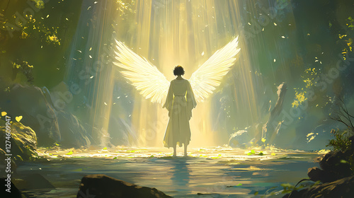 Archangel gabriel standing in a peaceful heavenly realm with an aura of light and wings gently spread. Celestial Light Wings. Illustration