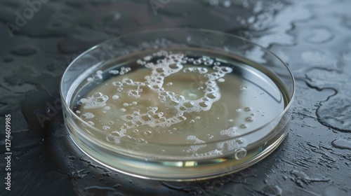 A Petri dish featuring a clear agar surface contains a large circular colony of yeast cells. The colony is well-defined against the surrounding medium indicating healthy growth