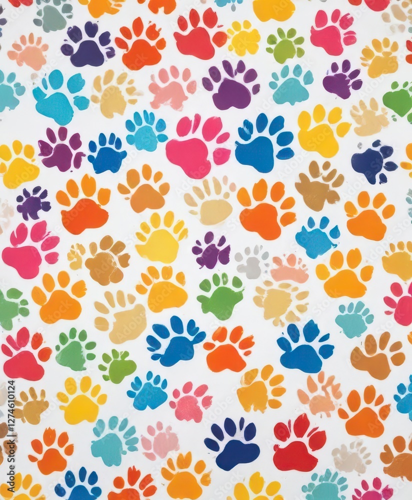 Seamless repeating pattern of colorful dog paws on a white background, background, pet lover Seamless repeating pattern of colorful dog paws on a white background, background, pet lover