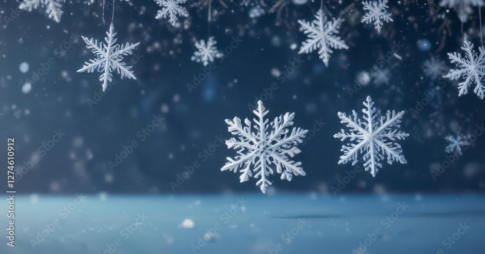 Snowflakes falling on a blue background with modern Christmas card elements,  holiday,  festive