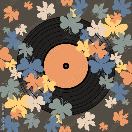 Vinyl disk retro style illustration vector art decor design 70s, 80s, 90s music pattern