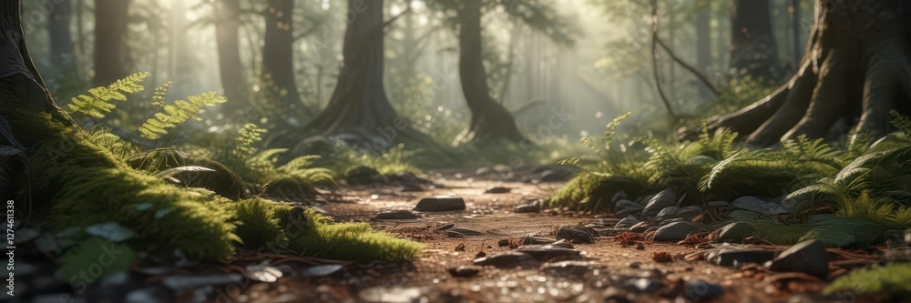 Fototapeta premium Softly filtered light casting intricate patterns on forest floor, forest, dappled light