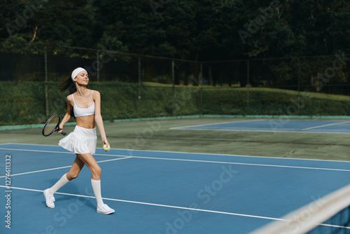 Young athletic woman in white sportswear, smiling while walking on a tennis court, perfect for fitness and sports themed projects