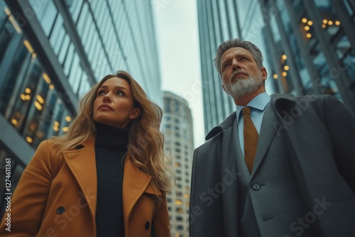 Confident business professionals standing in modern urban downtown skyscraper setting