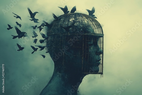 Surreal composition of a human form with a birdcage and flying birds