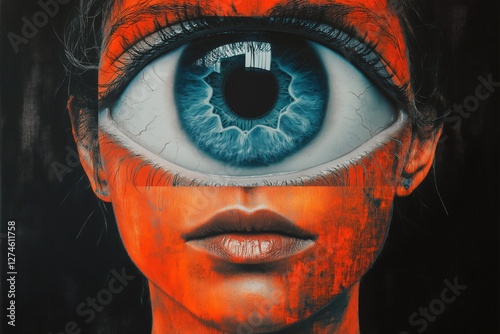 Surreal artistic depiction of woman's face merged with a giant vibrant eye