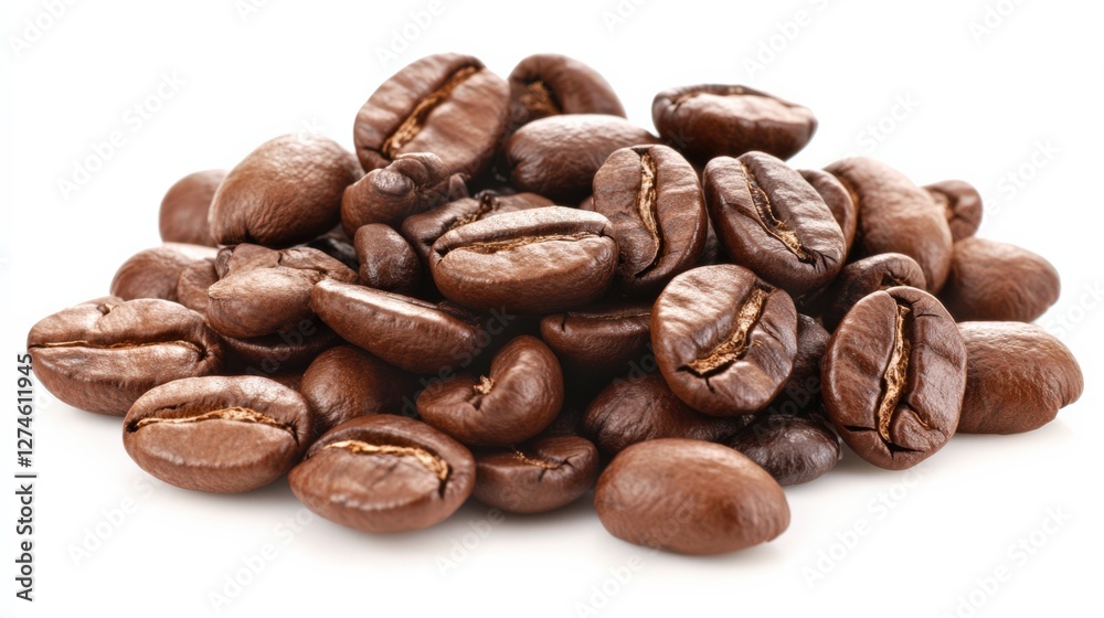 Fototapeta premium Close-up of a pile of roasted coffee beans showcasing their rich color and texture on a white background
