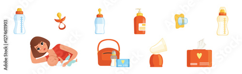 Breastfeeding Object and Item for Baby Care Vector Set