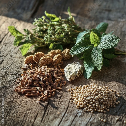 Herbal ingredients and spices on rustic wooden surface photo