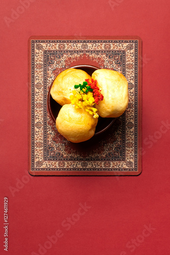 Kazakh baursaks on a decorative plate. Golden fried dough pieces with a soft texture. Garnished with colorful flowers. Traditional dish for Nauryz. photo