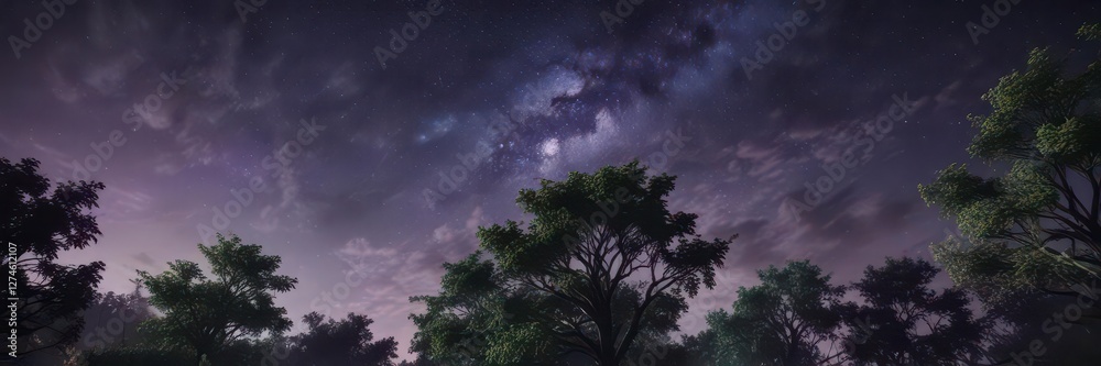 Naklejka premium Swirling greens and purples dance across the night sky as a gentle breeze stirs the trees , winter landscape, darkness