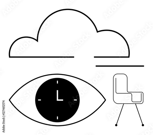 Eye-shaped design housing clock, cloud line art, and a sleek office chair. Ideal for productivity, time management, creativity, focus, workplace efficiency, innovation abstract line flat metaphor