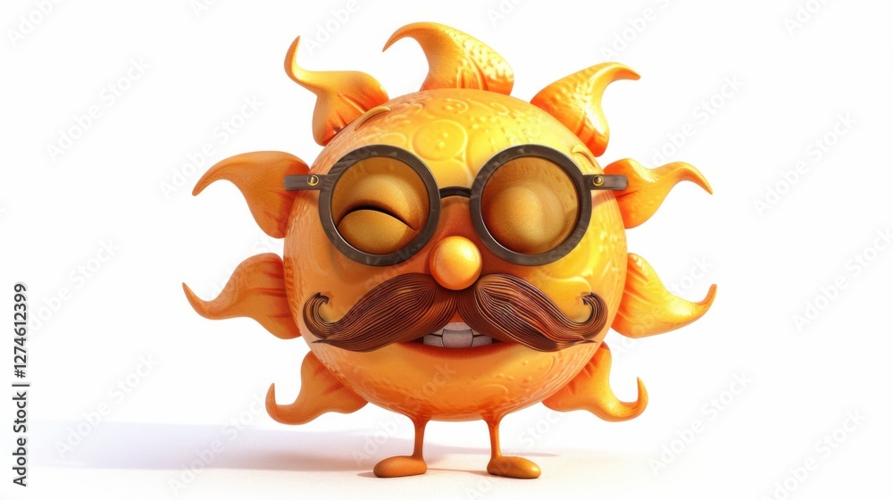 Naklejka premium Cartoon sun with a mustache and monocle, smiling warmly, isolated on white