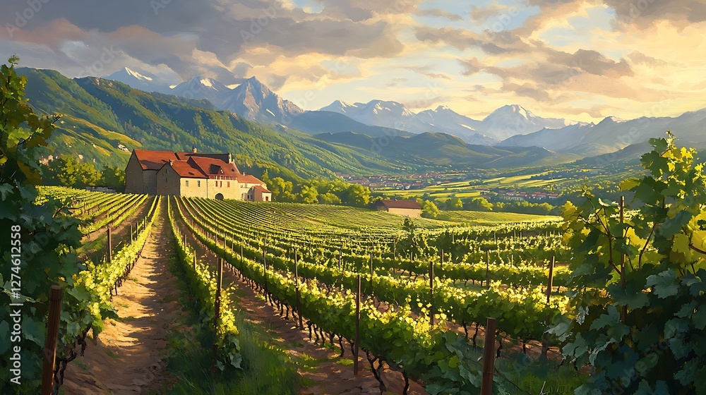 Naklejka premium Vibrant vineyards under golden sunset sky images