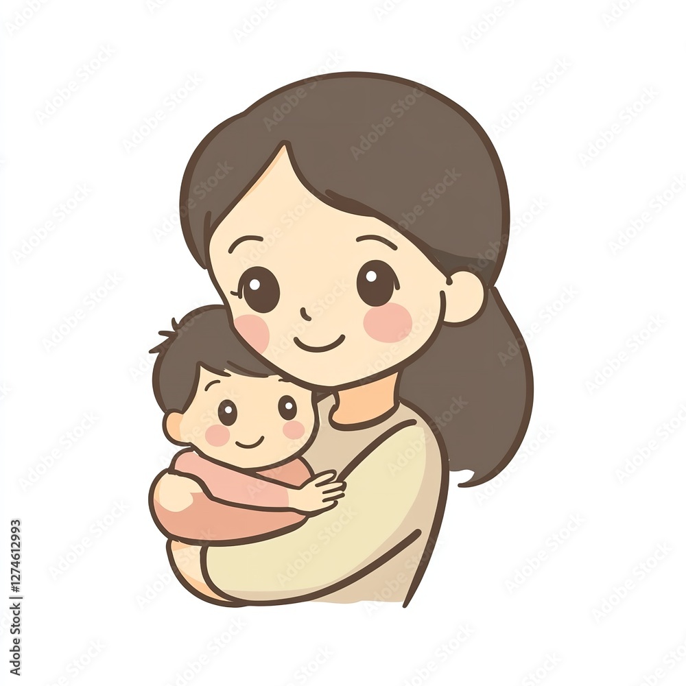 Mother's Day Joy: Adorable Cartoon of Mother Holding Baby with Smiling Faces Mother's Day Joy: Adorable Cartoon of Mother Holding Baby with Smiling Faces