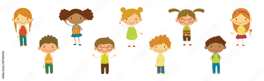 Funny Boy and Girl Kid Character Stand and Smile Vector Set Funny Boy and Girl Kid Character Stand and Smile Vector Set