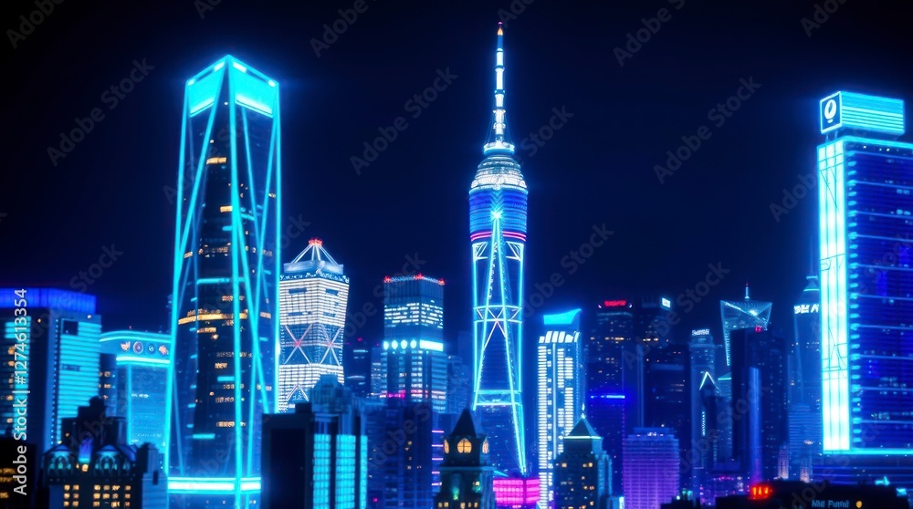 Obraz premium Stunning Night Skyline Cityscape with Illuminated Towers