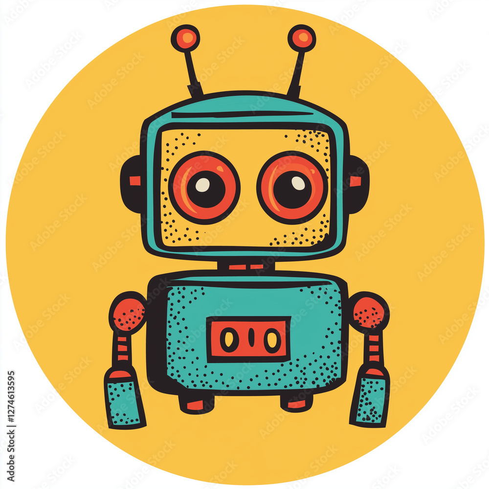 Naklejka premium Retro robot illustration. A cute, vintage-style robot with large eyes and teal body against a yellow background.