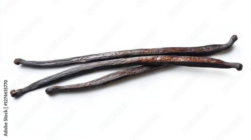 Elegant Vanilla Pods and Orchid Flowers Laid Horizontally on Bright White Background Elegant Vanilla Pods and Orchid Flowers Laid Horizontally on Bright White Background