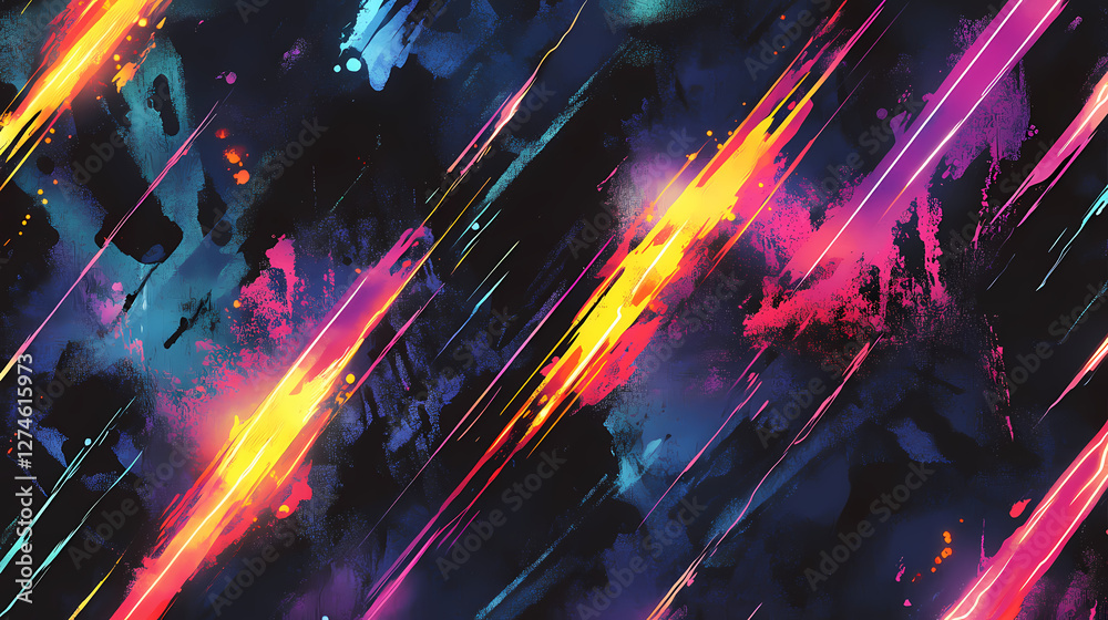 Fototapeta premium Seamless pattern urban design. mixed print with laser beams and arrows. watercolor effect. suitable for bed linen, leggings, shorts and fashion industry. Cyberpunk Plasma Ribbons. Illustration