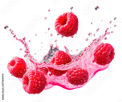 A close-up of juicy raspberries partially submerged in a swirling pink liquid splash, with droplets suspended in the air. isolated with no background