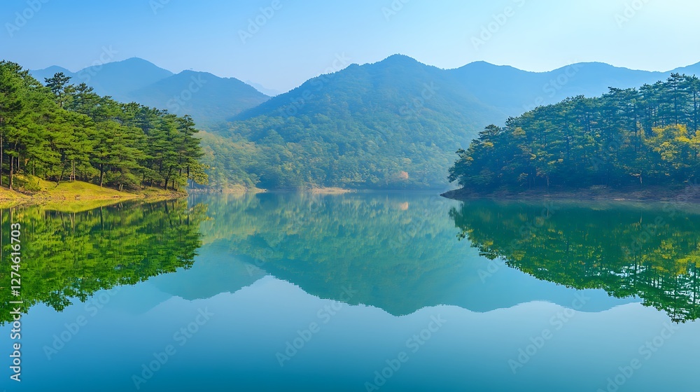 Serene Mountain Lake Reflecting Lush Green Trees Serene Mountain Lake Reflecting Lush Green Trees