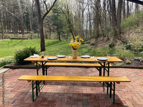 yellow picnic bench outdoors