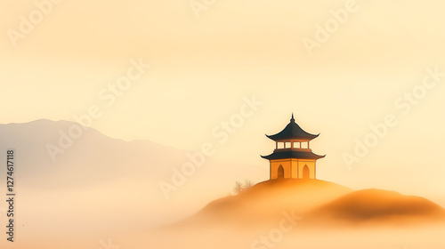 Tranquil pagoda amidst misty mountain landscape at sunrise with soft golden hues.