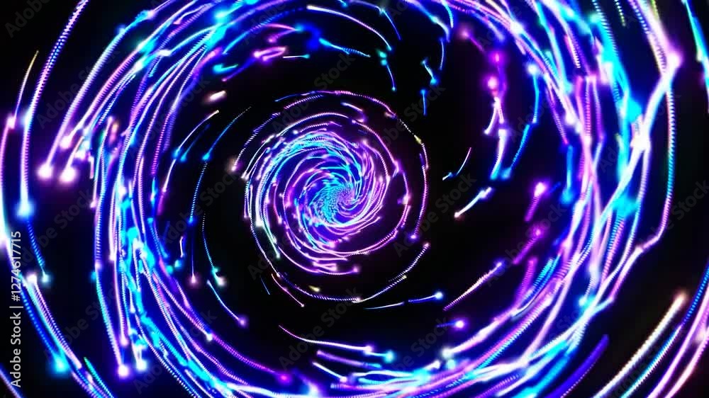 Dynamic swirling pattern of neon lights creates a hypnotic spiral effect. Vivid blues and purples blend seamlessly, forming an abstract tunnel of vibrant energy and motion against a dark background