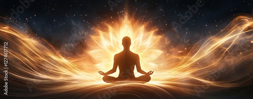 Spiritual Awakening Art ,with Lotus Flower Symbolizing Transformation , Divine Rebirth in Spiritual Awakening Art , Glowing Lotus Energy in Spiritual Awakening Art, Meditative figure surrounded by vib